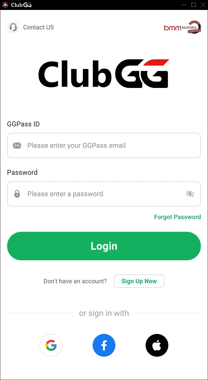 ClubGG login screen