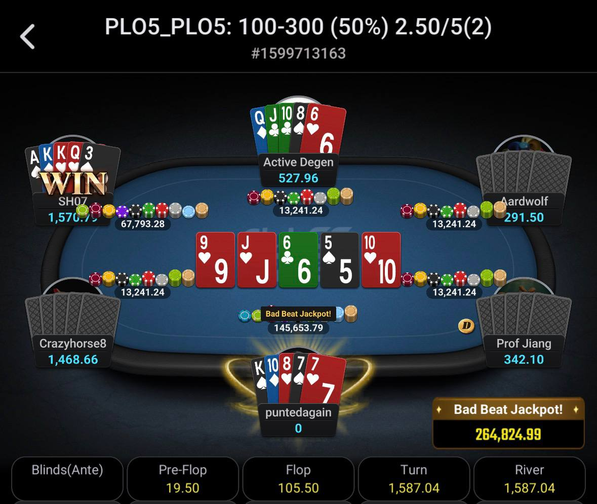 PLO5 Bad Beat Jackpot table showing a 264,824.99 jackpot and 145,653.79 payout example